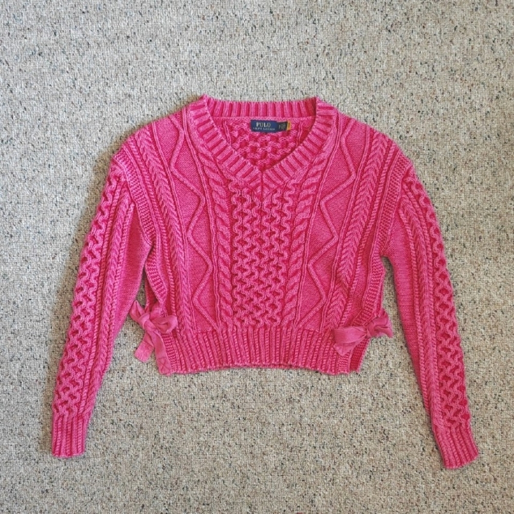 Polo Ralph Lauren Pink V-Neck Cable Knit Cropped Sweater size XS